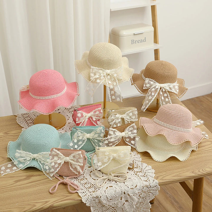 Pudcoco Infant Girl Summer Straw Hat and Bag Set Lace Bow Wide Brim Cap with Shoulder Bag for Beach