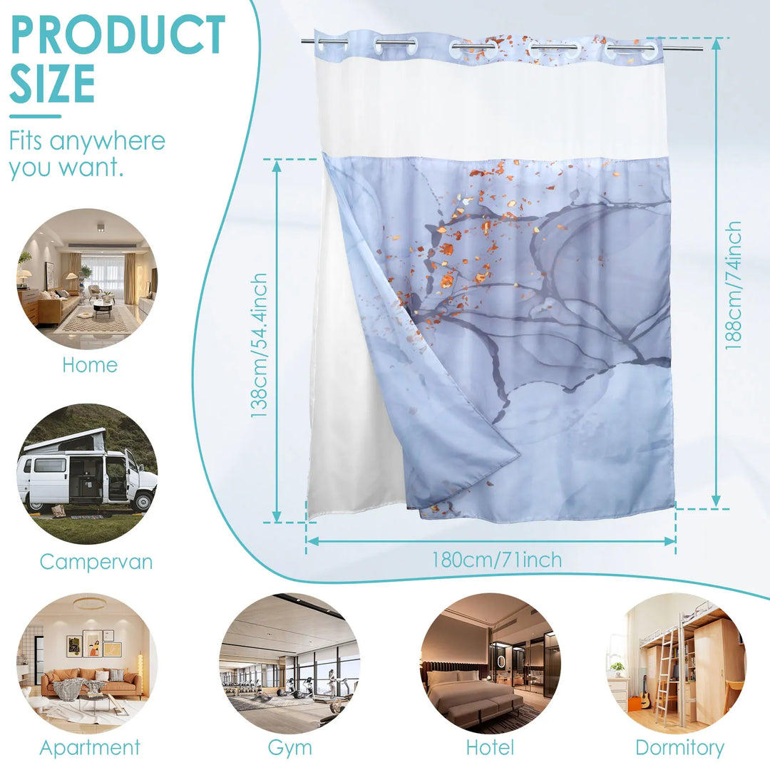 Hook Free Waterproof Bathroom Shower  Curtains with Snap-in Liner