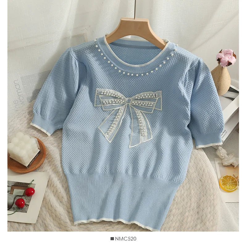 Korean version nail bead mesh bow round neck short sleeve top women's 2022 new waist closing thin knitted T-shirt