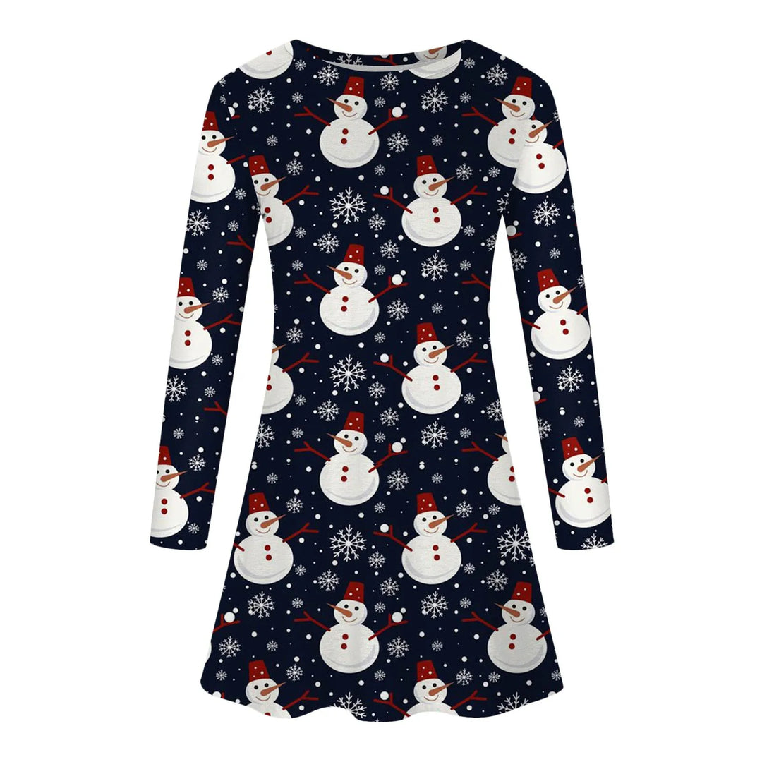 Winter Christmas Tree Party Dresses Women Cute Elk Print A-Line Dress Autumn Long Sleeve Casual Clothing Oversized Ladies Dress