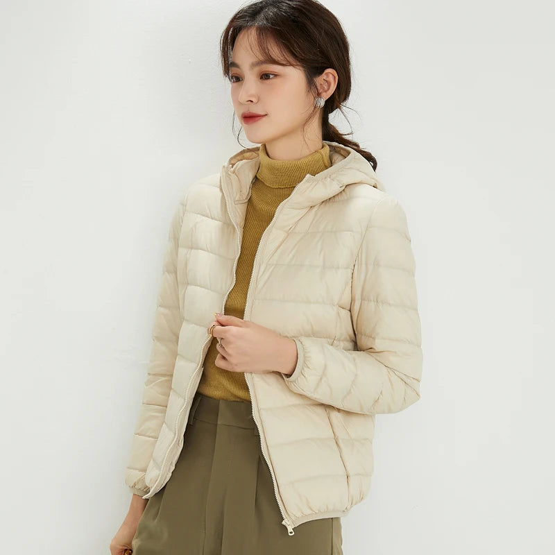 Winter Women Ultra Light Down White Duck Hooded Parka/Jacket