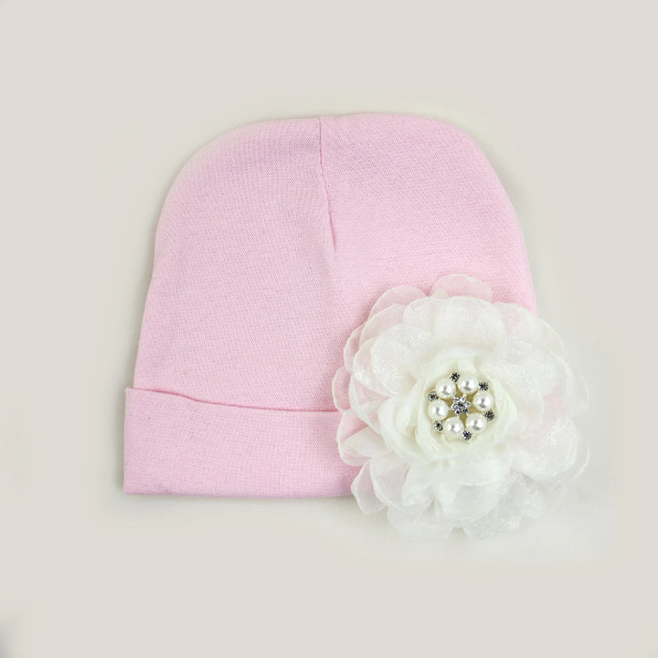 0-6Months Newborn Cotton Bonnet with Chiffon Flower Diamond Baby Girls Hospital New Born Hat Pink White Beanie Cute Hat for Baby