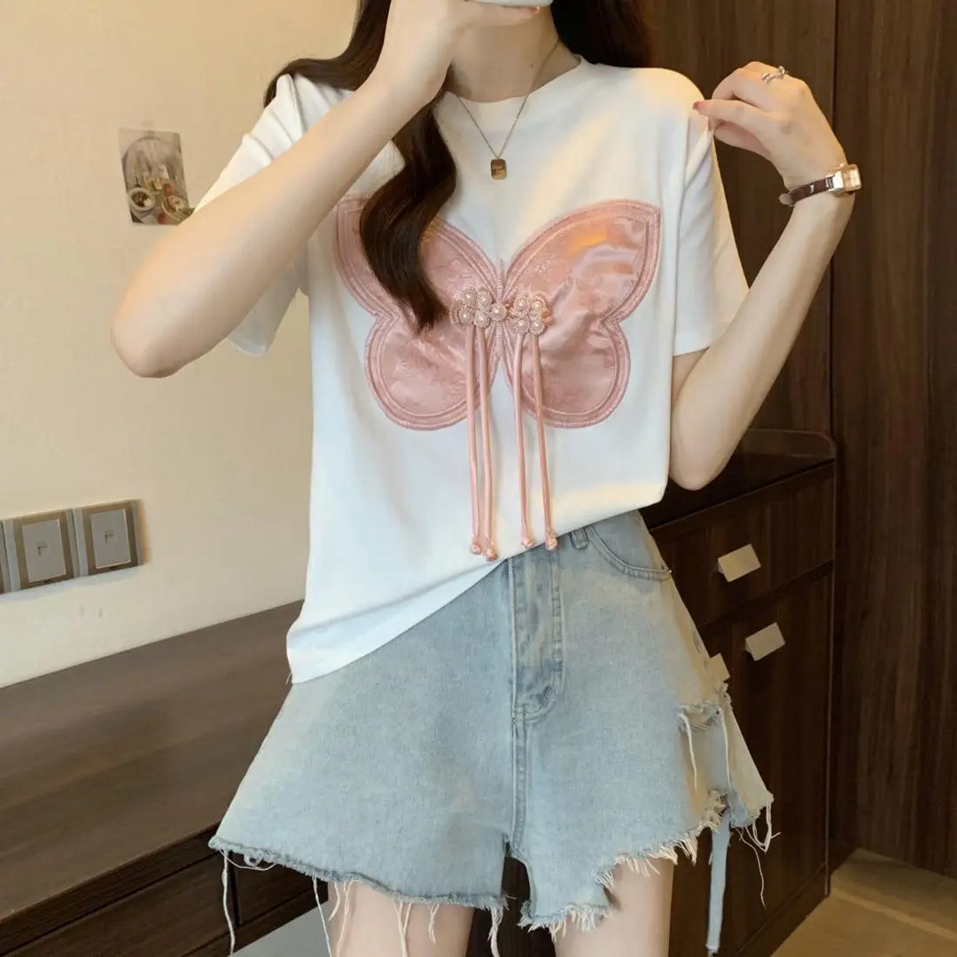 Women Summer Chinese Style Bow Black Slim O-neck Thin Short Sleeve Party Tee Shirt Women Clothing Fashion Embroidered Top Tee