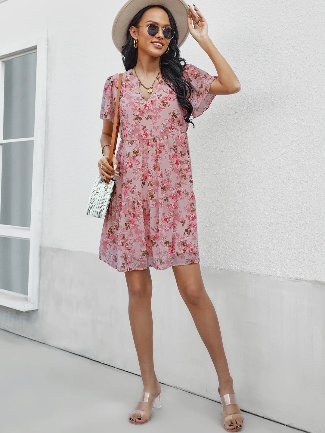 High Quality 2024 Spring Summer Stand Up Collar V-neck Chiffon Printed A-line Dress with Flying Sleeves Elegant Dress Vestidos