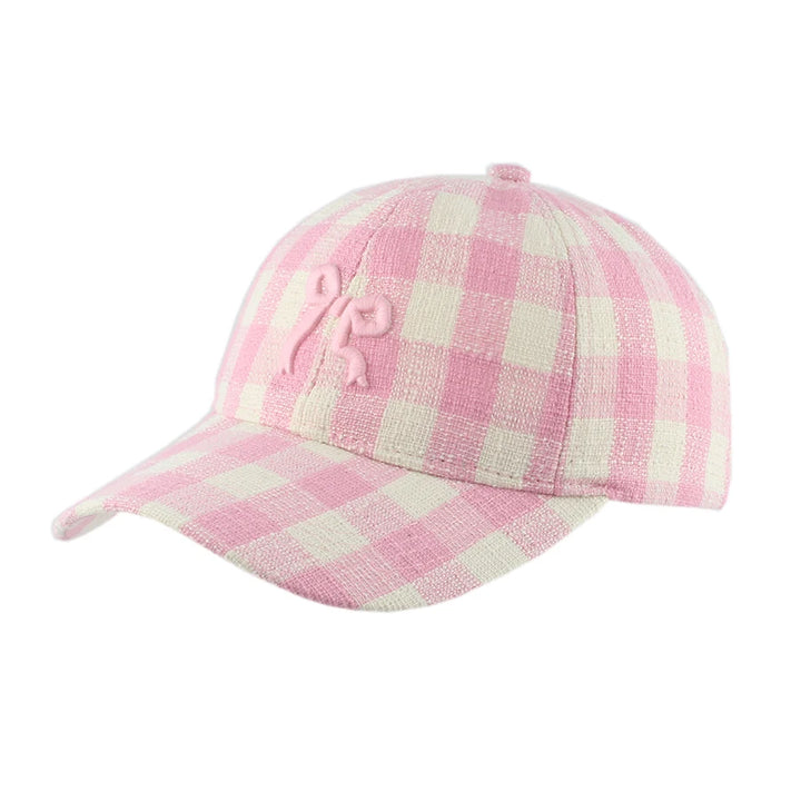 Korean Sweet Bowknot Embroidery Baseball Caps Women Girl Cute Pink Hat Outdoor Sun Visor Hats Adjustable Plaid Sunscreen Cap