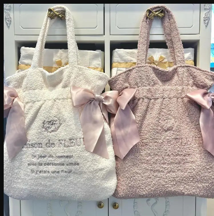 Japanese New Winter Ribbon Bowknot Plush Wool Shoulder Bags Sweet  Girl Tote Bag Women's Handbag Cute Comestic Bags for Girls