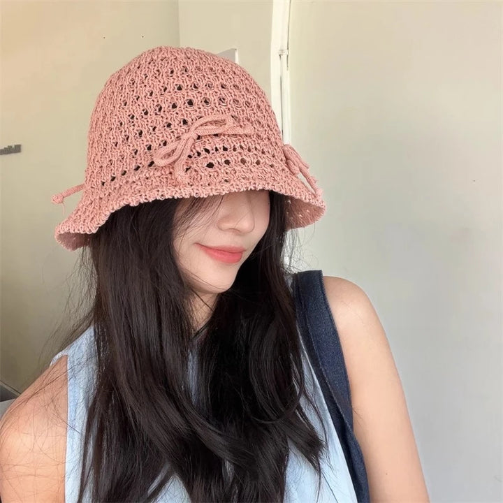 Ins Sweet Bow Hollow Bucket Hats for Women and Men Spring Summer Fashion Versatile Show Face Small Cute Dome Basin Caps