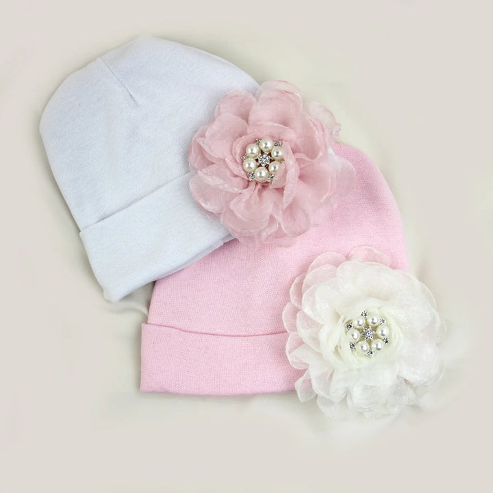 0-6Months Newborn Cotton Bonnet with Chiffon Flower Diamond Baby Girls Hospital New Born Hat Pink White Beanie Cute Hat for Baby