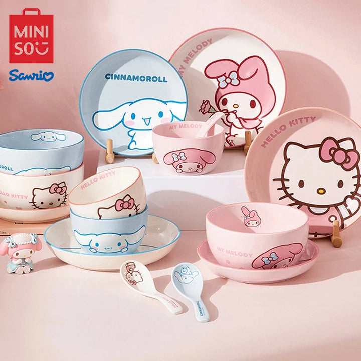 MINISO Sanrio Tableware Cinnamoroll Bowl Spoon Plate Children's Cute Ceramic Tableware Kitchen Utensil Set Food Storage Gifts