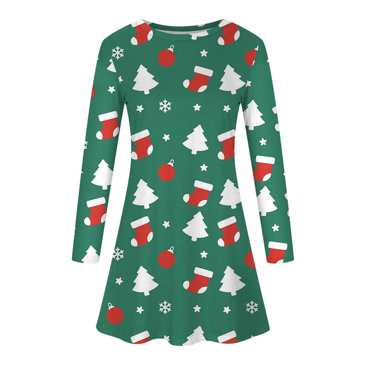 Winter Christmas Tree Party Dresses Women Cute Elk Print A-Line Dress Autumn Long Sleeve Casual Clothing Oversized Ladies Dress