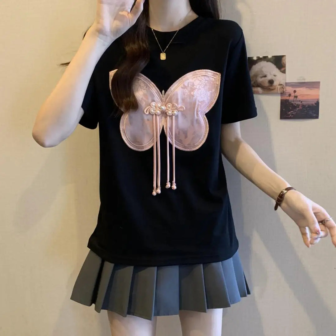 Women Summer Chinese Style Bow Black Slim O-neck Thin Short Sleeve Party Tee Shirt Women Clothing Fashion Embroidered Top Tee