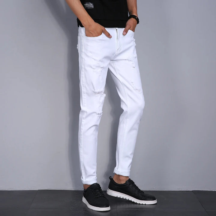 High Street Fashion Men Jeans White Elastic Stretch Skinny Jeans Korea Men Ripped Designer Hip Hop Denim Pants Hombre