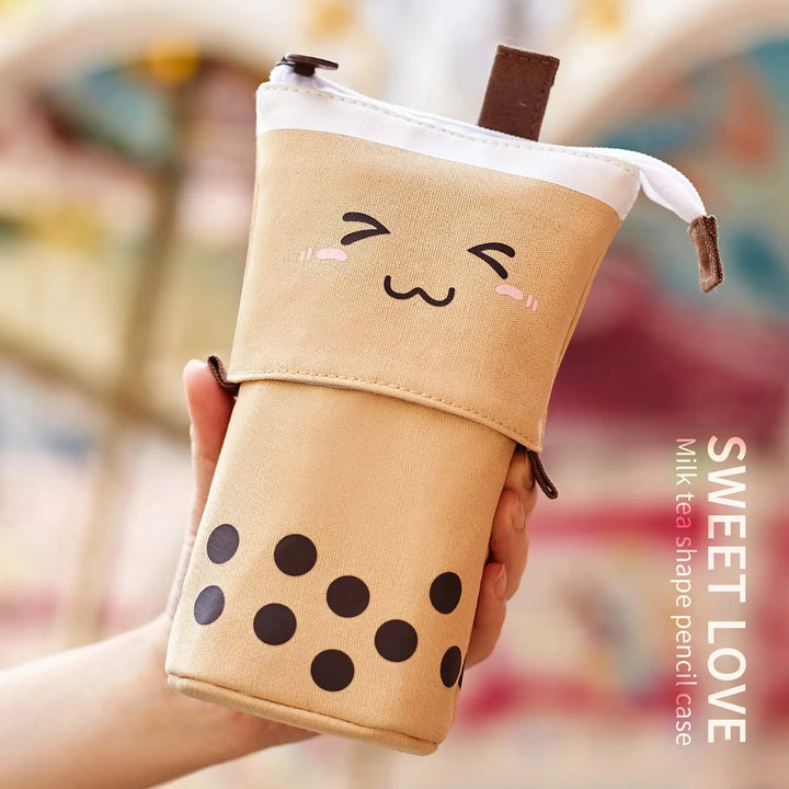 Standing Milk Tea Pencil Case Cute Telescopic Pen Holder Stationery Pouch Pen Box for School Students Office Supplies Pencil Bag