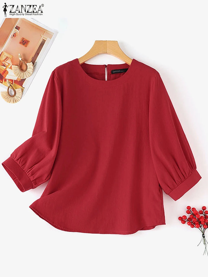 ZANZEA Women Vintage Cotton Solid Blouses Fall 2024 Casual Loose O Neck 3/4 Sleeve Blusas Mujer Leisure Holiday Commute Shirts