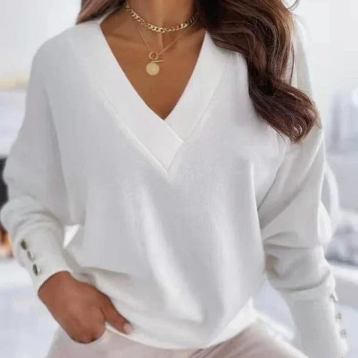 Woman Tops Autumn Loose Pullover Cotton Casual V-Neck Blouse