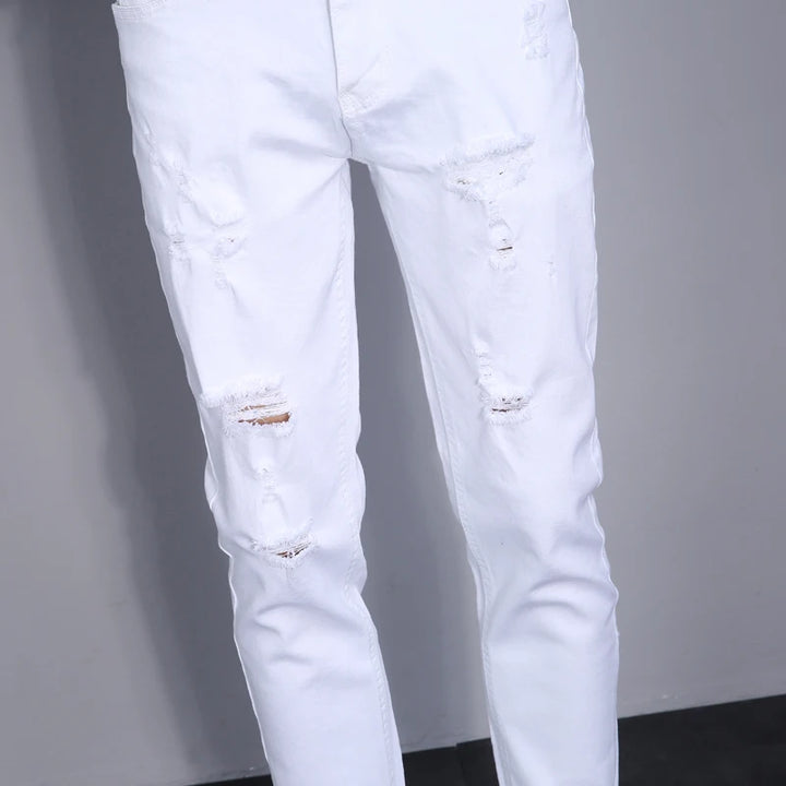 High Street Fashion Men Jeans White Elastic Stretch Skinny Jeans Korea Men Ripped Designer Hip Hop Denim Pants Hombre