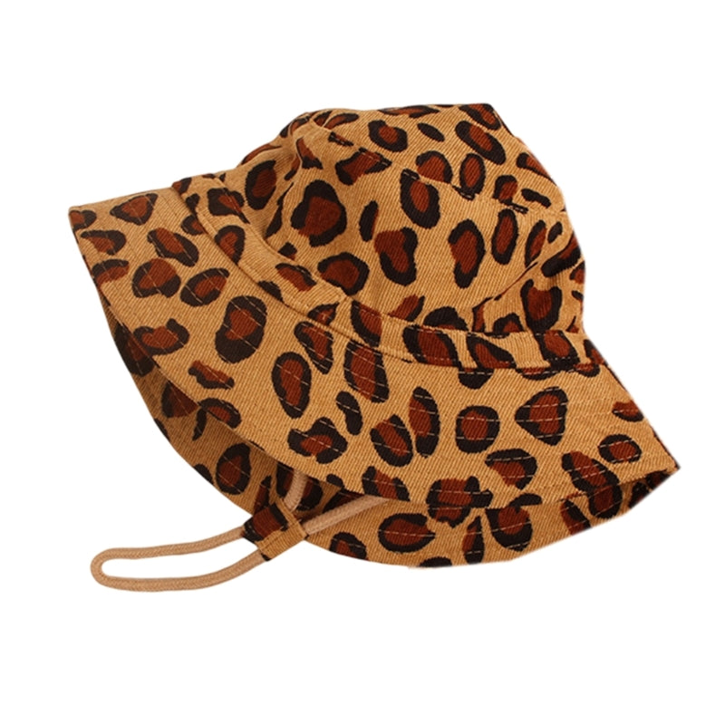 Fashion Leopard Baby Bucket Hat Summer Big Brim Kids  Hats Adjustable Drawstring Beach Cap Panama  Protection Caps