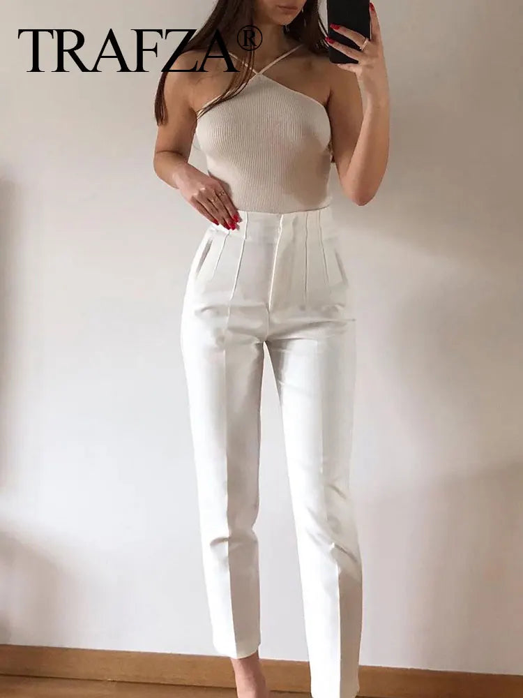 Women Elegant Solid Pencil Pants High Waist Casual Pants