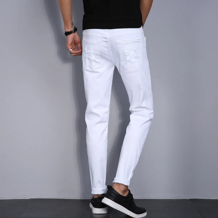 High Street Fashion Men Jeans White Elastic Stretch Skinny Jeans Korea Men Ripped Designer Hip Hop Denim Pants Hombre