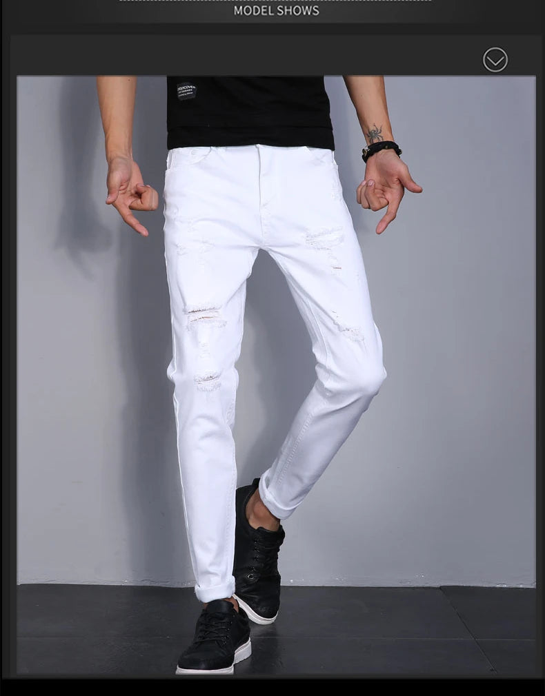 High Street Fashion Men Jeans White Elastic Stretch Skinny Jeans Korea Men Ripped Designer Hip Hop Denim Pants Hombre