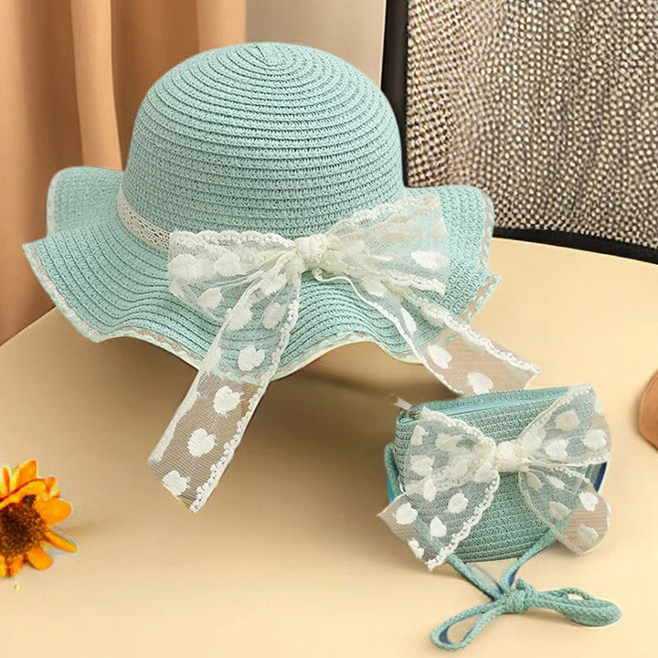 Pudcoco Infant Girl Summer Straw Hat and Bag Set Lace Bow Wide Brim Cap with Shoulder Bag for Beach