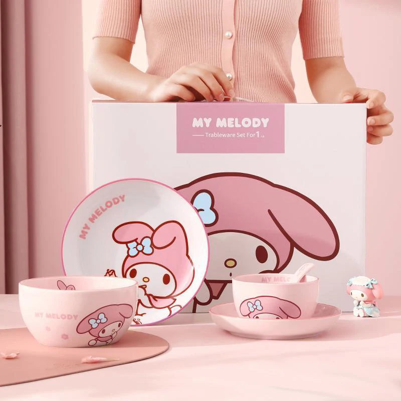 MINISO Sanrio Tableware Cinnamoroll Bowl Spoon Plate Children's Cute Ceramic Tableware Kitchen Utensil Set Food Storage Gifts