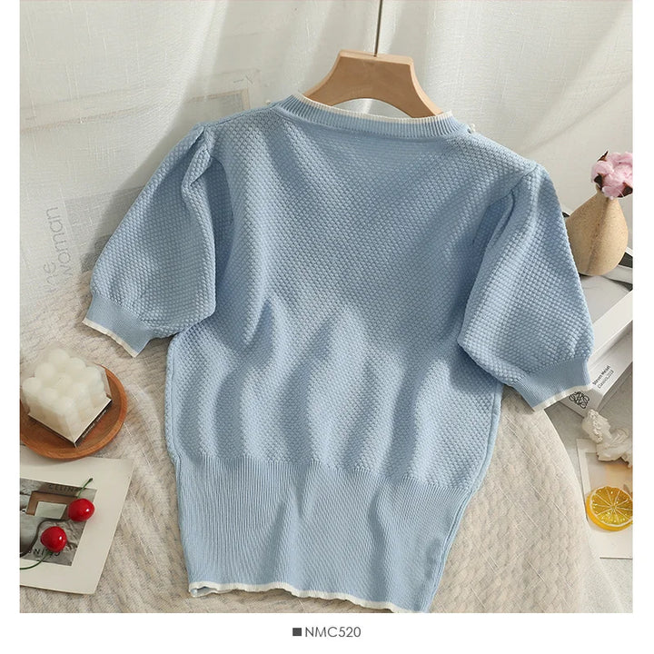 Korean version nail bead mesh bow round neck short sleeve top women's 2022 new waist closing thin knitted T-shirt