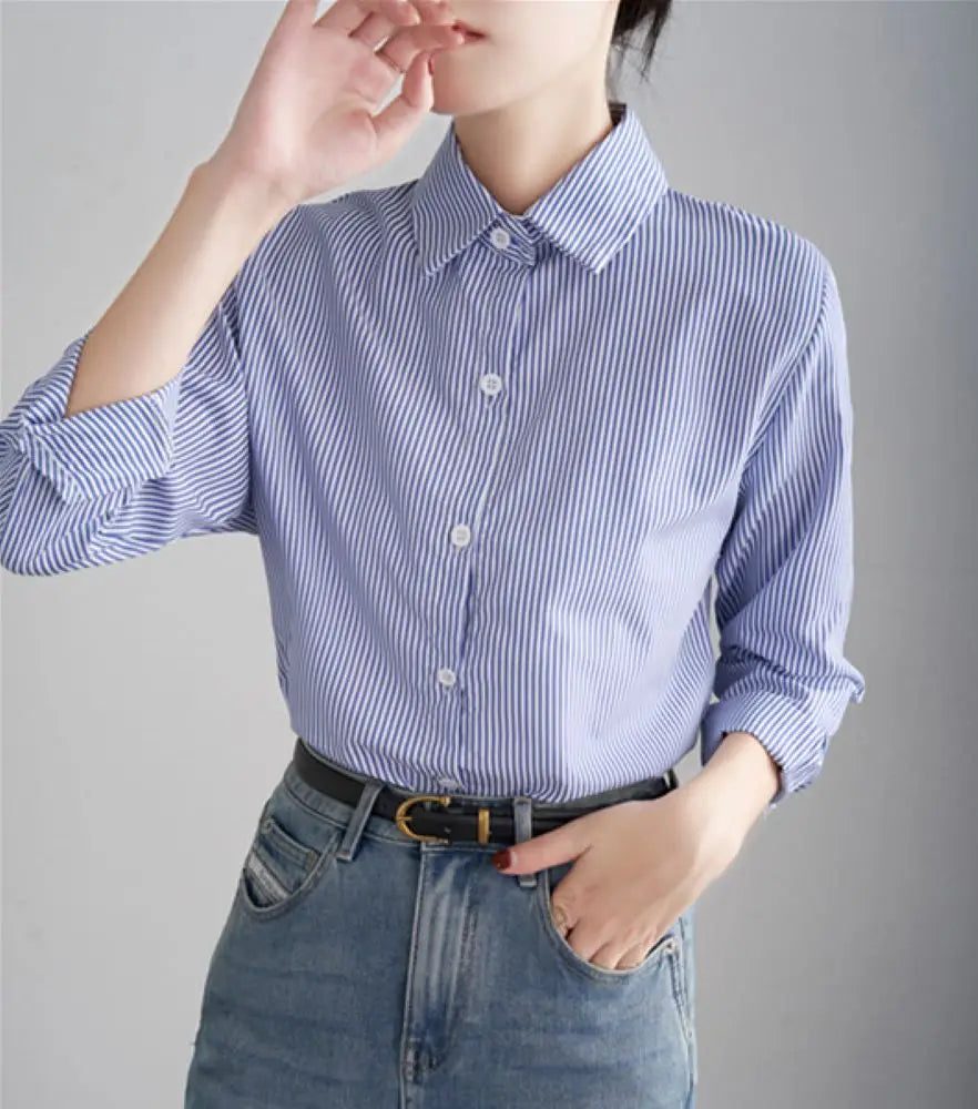 Women Blue Striped Loose Spring Autumn Casual Long Sleeves Shirt