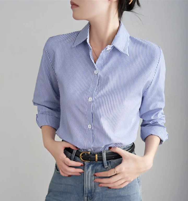 Women Blue Striped Loose Spring Autumn Casual Long Sleeves Shirt