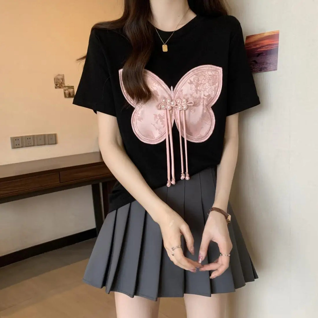 Women Summer Chinese Style Bow Black Slim O-neck Thin Short Sleeve Party Tee Shirt Women Clothing Fashion Embroidered Top Tee