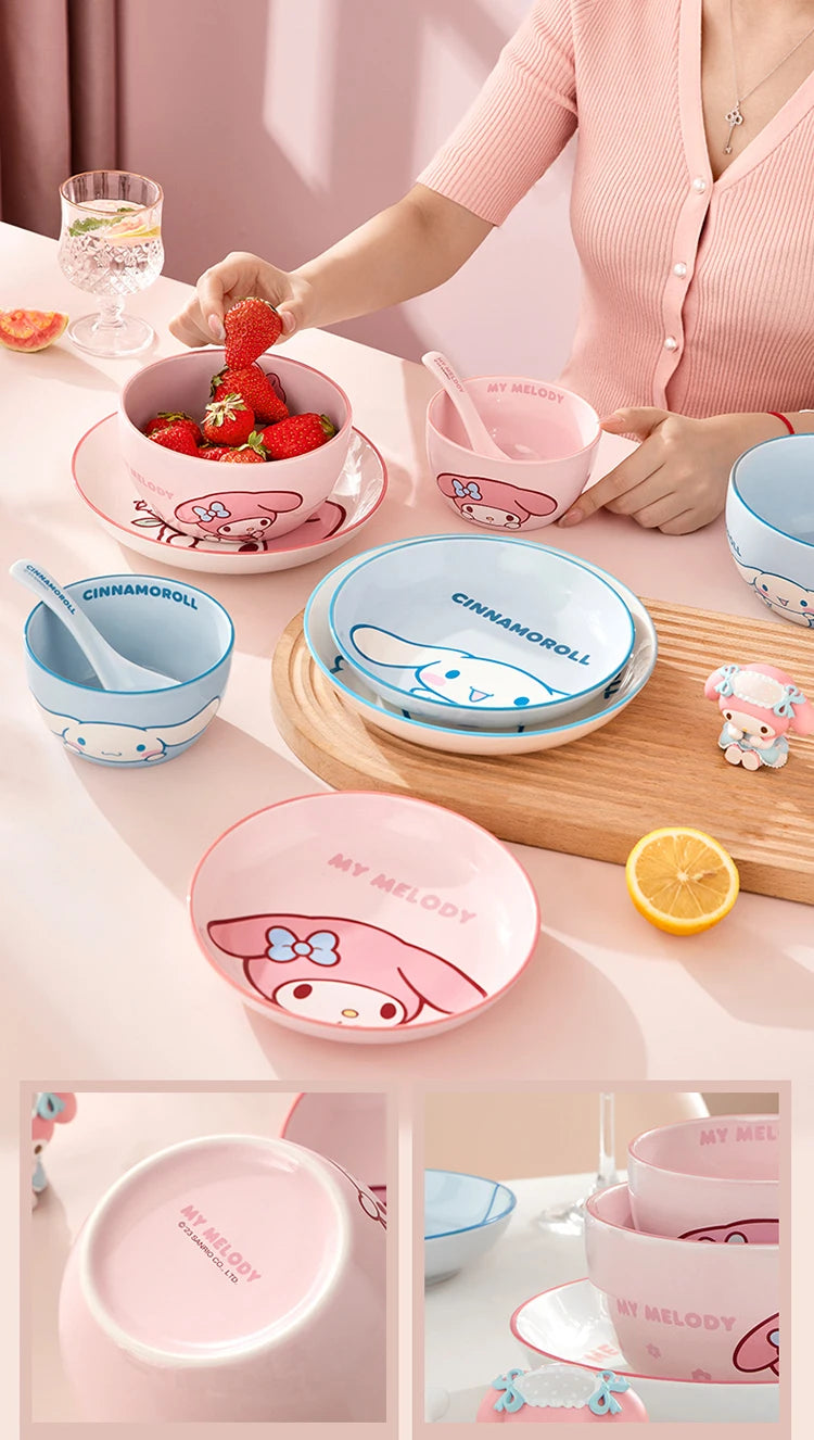 MINISO Sanrio Tableware Cinnamoroll Bowl Spoon Plate Children's Cute Ceramic Tableware Kitchen Utensil Set Food Storage Gifts