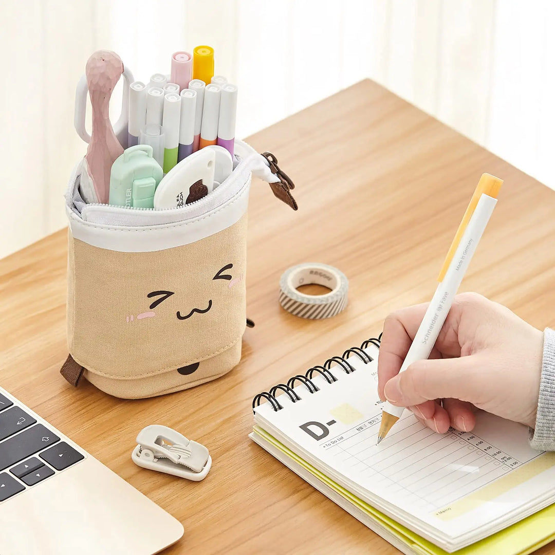 Standing Milk Tea Pencil Case Cute Telescopic Pen Holder Stationery Pouch Pen Box for School Students Office Supplies Pencil Bag