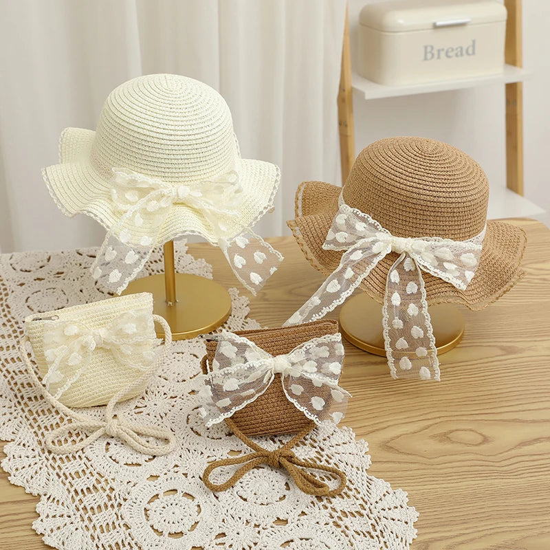 Pudcoco Infant Girl Summer Straw Hat and Bag Set Lace Bow Wide Brim Cap with Shoulder Bag for Beach