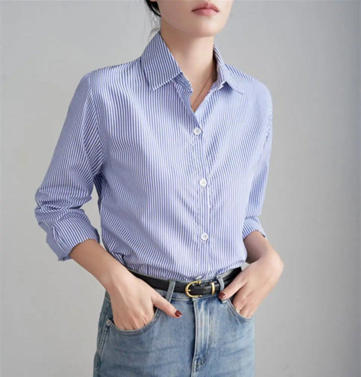 Women Blue Striped Loose Spring Autumn Casual Long Sleeves Shirt