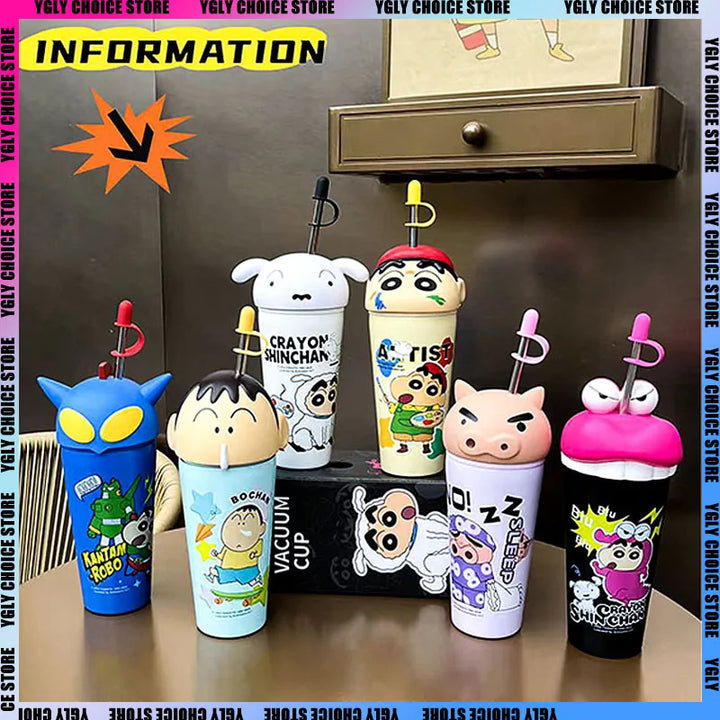 Kawaii Crayon Shin-chan Thermos Mug Food Grade Material Stainless Steel Mug Easy to Carry Cartoon Children's Straw Mug Gifts