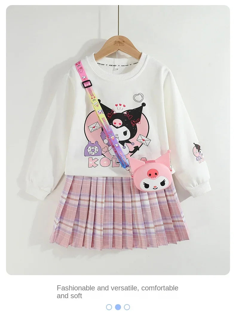 Children Clothes Set Spring Autumn Kids Kuromi Long Sleeved Sweater Tops+Checkered Pleated Skirt 2pce Teen Girls Preppy Clothing