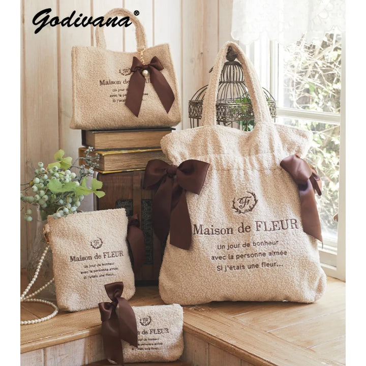 Japanese New Winter Ribbon Bowknot Plush Wool Shoulder Bags Sweet  Girl Tote Bag Women's Handbag Cute Comestic Bags for Girls