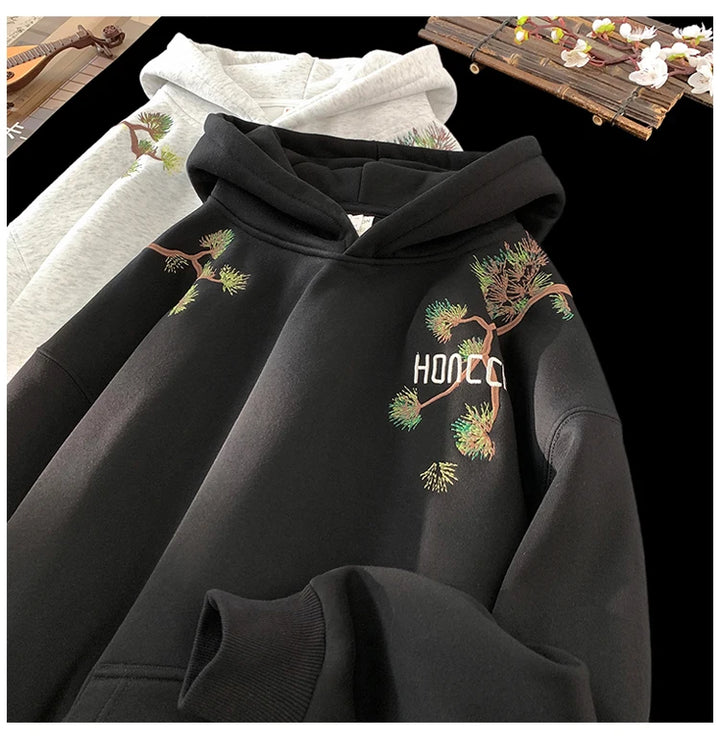 Retro Men Hoodies Letter Embroidered Oversized Hoodie Fashion Loose Pullover Hip Hop Hooded Sweatshirt Man Women Clothing