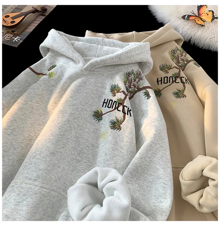 Retro Men Hoodies Letter Embroidered Oversized Hoodie Fashion Loose Pullover Hip Hop Hooded Sweatshirt Man Women Clothing