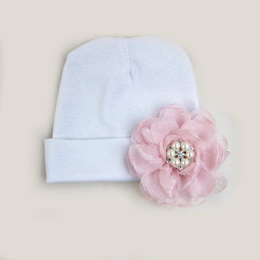 0-6Months Newborn Cotton Bonnet with Chiffon Flower Diamond Baby Girls Hospital New Born Hat Pink White Beanie Cute Hat for Baby