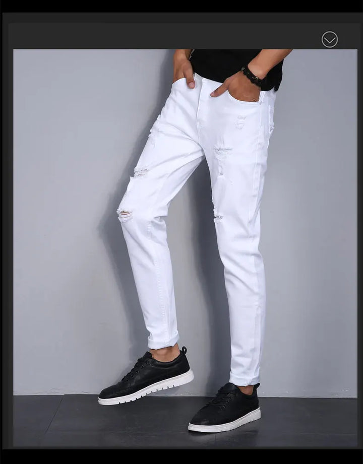 High Street Fashion Men Jeans White Elastic Stretch Skinny Jeans Korea Men Ripped Designer Hip Hop Denim Pants Hombre