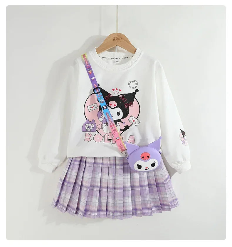 Children Clothes Set Spring Autumn Kids Kuromi Long Sleeved Sweater Tops+Checkered Pleated Skirt 2pce Teen Girls Preppy Clothing