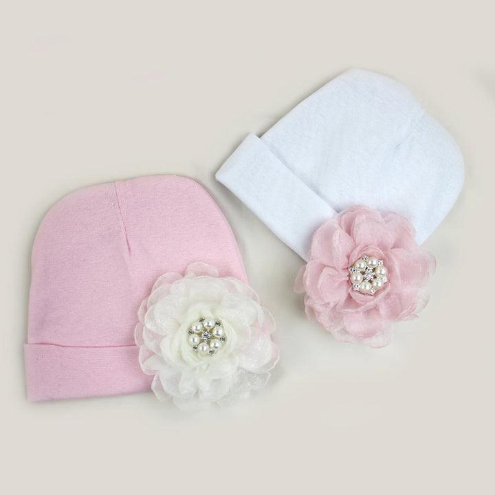 0-6Months Newborn Cotton Bonnet with Chiffon Flower Diamond Baby Girls Hospital New Born Hat Pink White Beanie Cute Hat for Baby