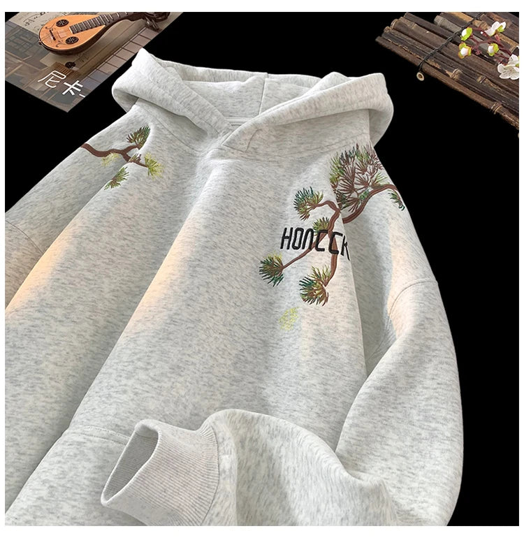 Retro Men Hoodies Letter Embroidered Oversized Hoodie Fashion Loose Pullover Hip Hop Hooded Sweatshirt Man Women Clothing