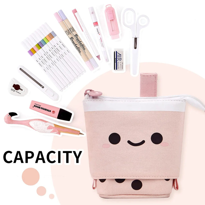 Standing Milk Tea Pencil Case Cute Telescopic Pen Holder Stationery Pouch Pen Box for School Students Office Supplies Pencil Bag