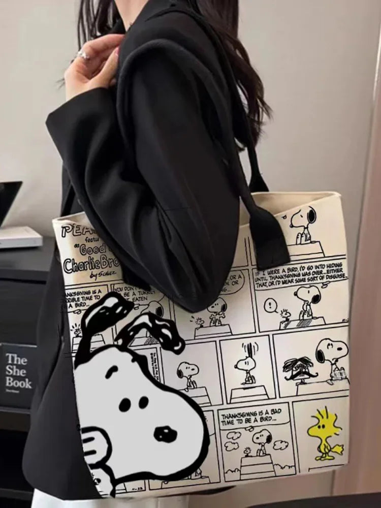 MINISO Disney New Series Canvas Bag Women High Capacity Bag Cartoon Snoopy Handbag Printed Leisure Tote Bag Festival Gifts