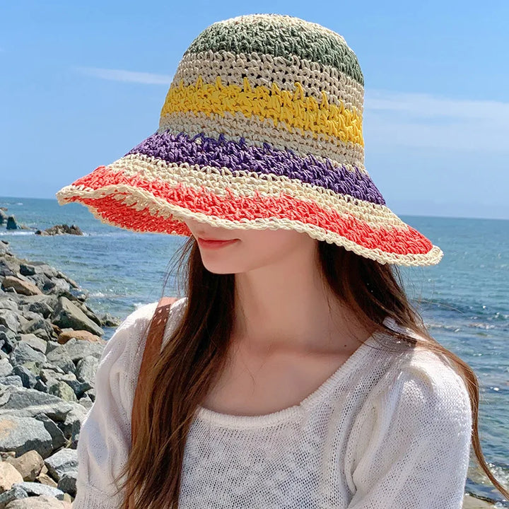 Rainbow Straw Hat For Women Summer Sun Visor Handmade Crochet Big Brim Bucket Hats Ladies Beach Sun Hat Boho Girl's Fashion Caps