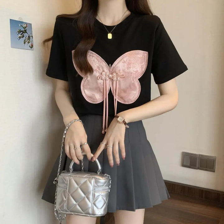 Women Summer Chinese Style Bow Black Slim O-neck Thin Short Sleeve Party Tee Shirt Women Clothing Fashion Embroidered Top Tee