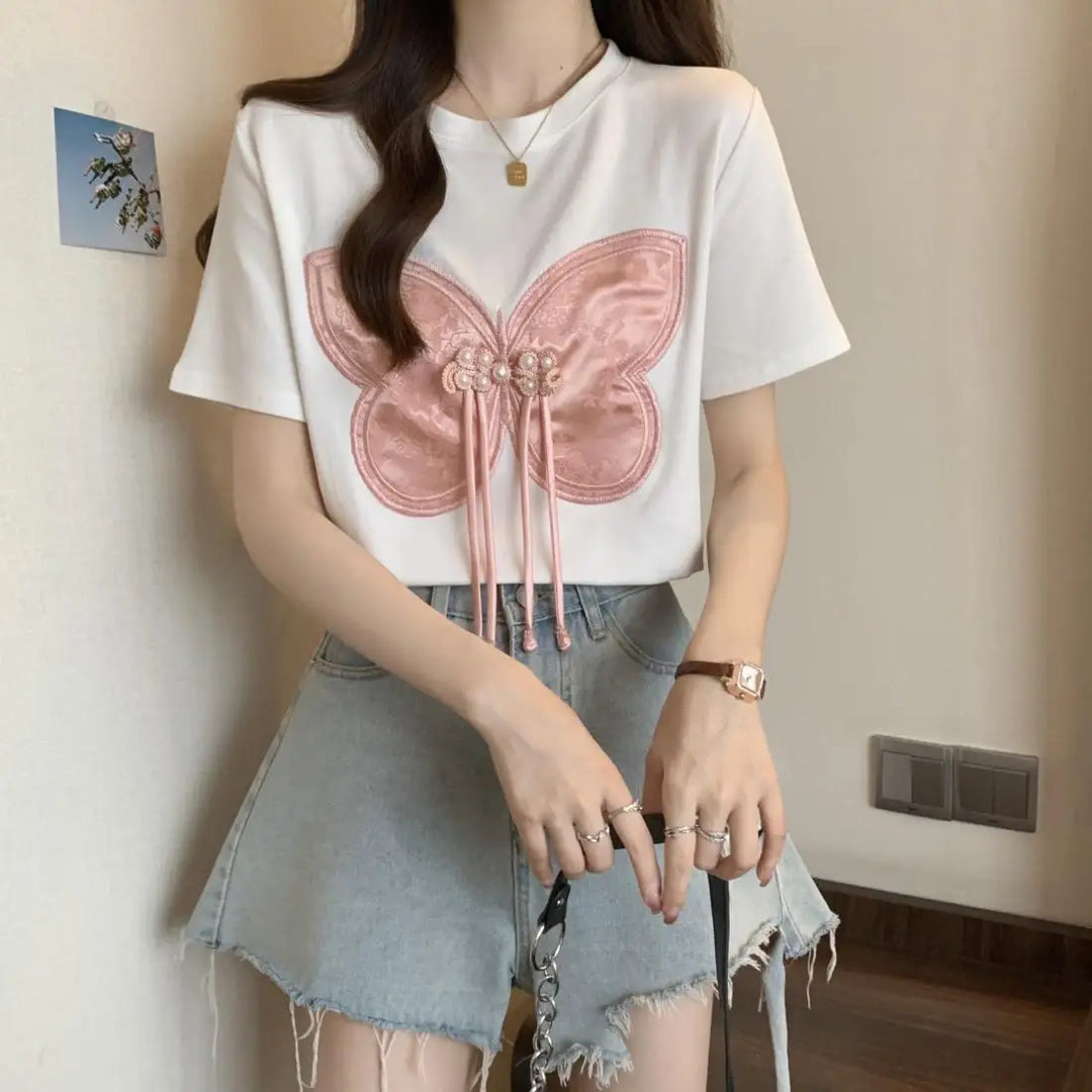 Women Summer Chinese Style Bow Black Slim O-neck Thin Short Sleeve Party Tee Shirt Women Clothing Fashion Embroidered Top Tee