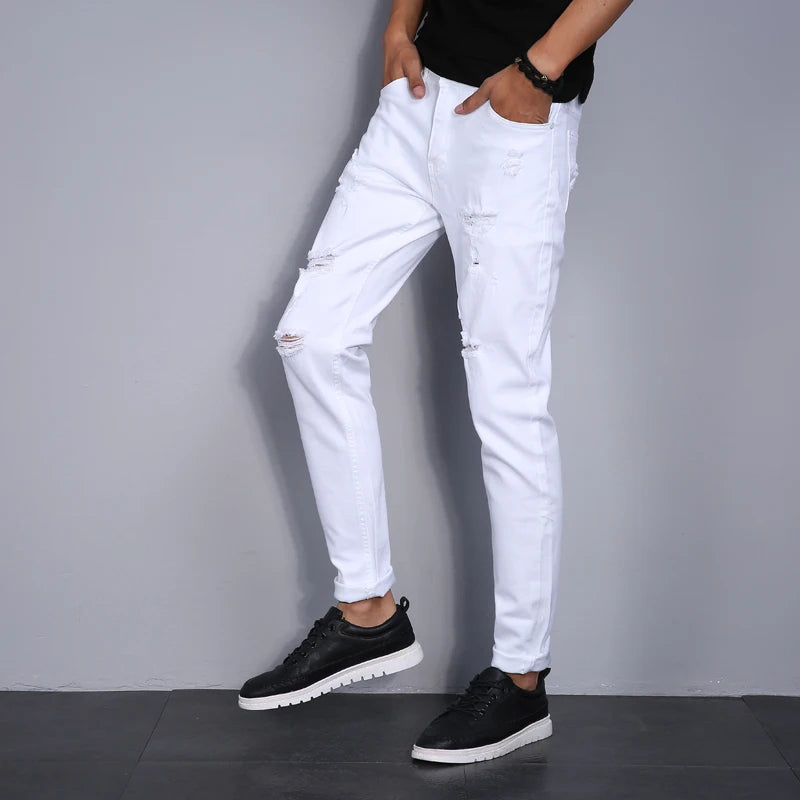 High Street Fashion Men Jeans White Elastic Stretch Skinny Jeans Korea Men Ripped Designer Hip Hop Denim Pants Hombre